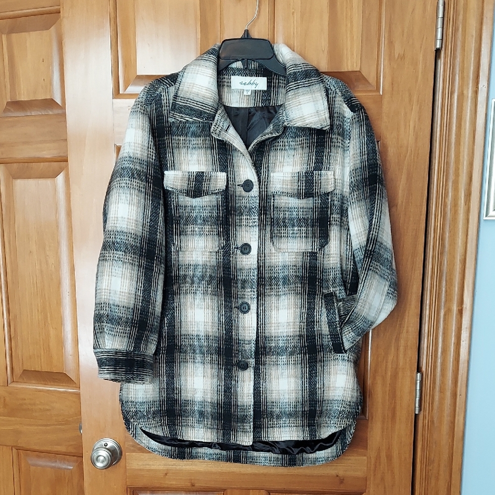 Shebby Women's Black, White Plaid Utility Jacket Coat Shacket Size M, Like New▪︎